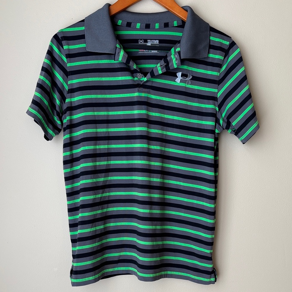 Under Armour Green and Black Stripe Polo Golf Shirt - Youth XL